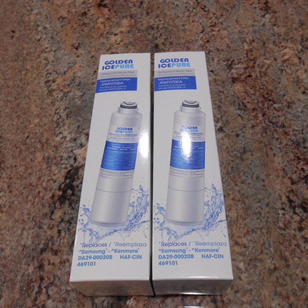 2 New "Golden Ice Pure" refrigerator water filter replacements.